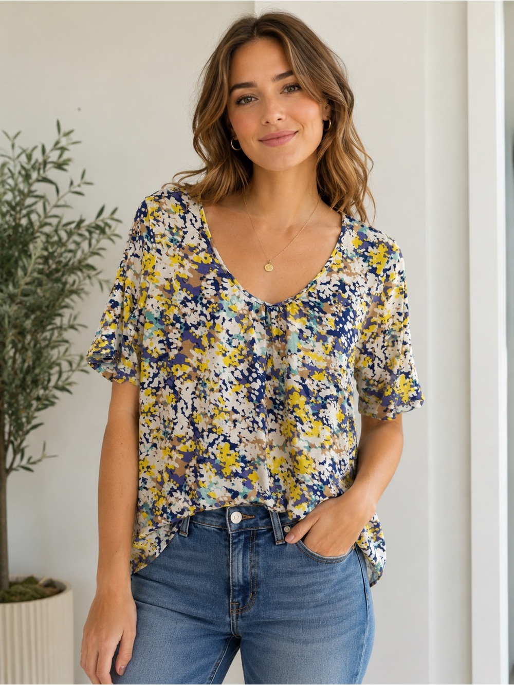 Talbots Floral V-Neck Blouse in Yellow, Navy & Cream